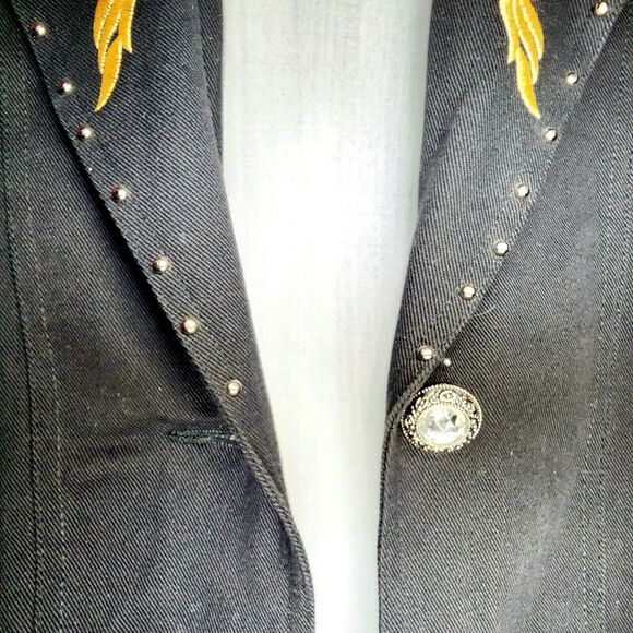 Vintage JenJen Darian 1980s Denim Blazer Jacket Gold Jewels Embroidery Studs 2X - Picture 6 of 15